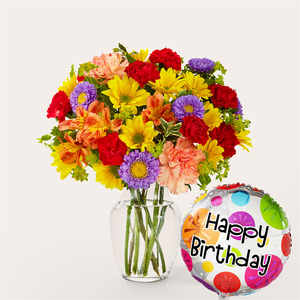 Kaleidoscope Bouquet with Birthday Balloon – SIXTO'S FLOWER SHOP, Union City NJ