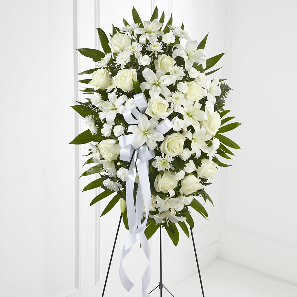 Exquisite Tribute Standing Spray-White Ribbon – SIXTO'S FLOWER SHOP, Union City NJ