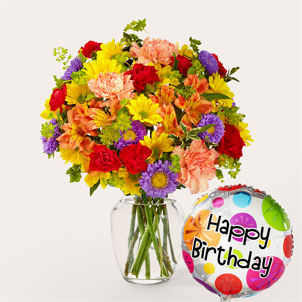 Kaleidoscope Bouquet with Birthday Balloon – SIXTO'S FLOWER SHOP, Union City NJ