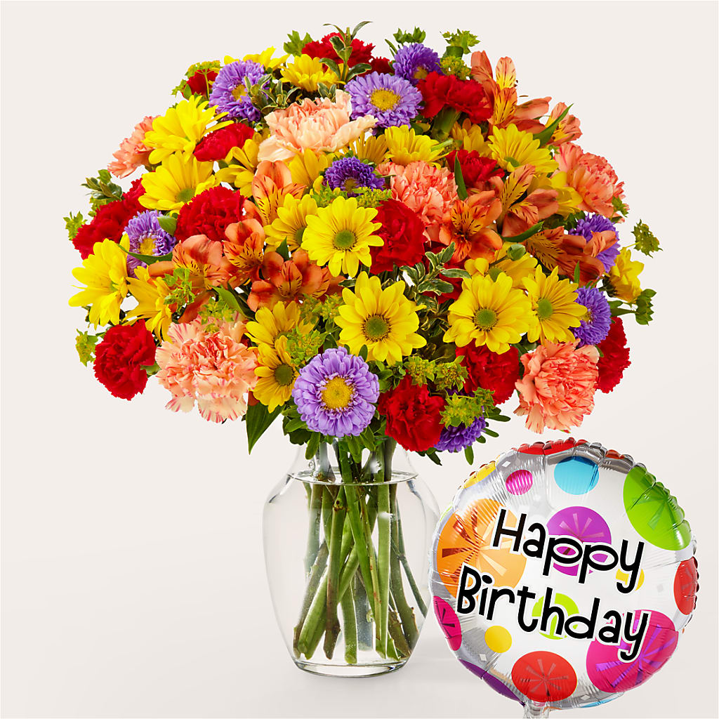 Kaleidoscope Bouquet with Birthday Balloon – SIXTO'S FLOWER SHOP, Union City NJ