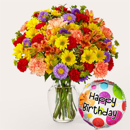 Kaleidoscope Bouquet with Birthday Balloon – SIXTO'S FLOWER SHOP, Union City NJ