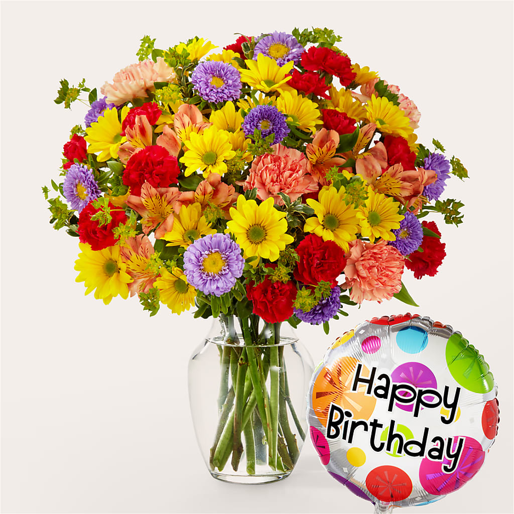 Kaleidoscope Bouquet with Birthday Balloon – SIXTO'S FLOWER SHOP, Union City NJ