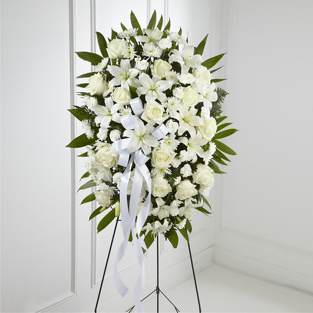 Exquisite Tribute Standing Spray-White Ribbon – SIXTO'S FLOWER SHOP, Union City NJ