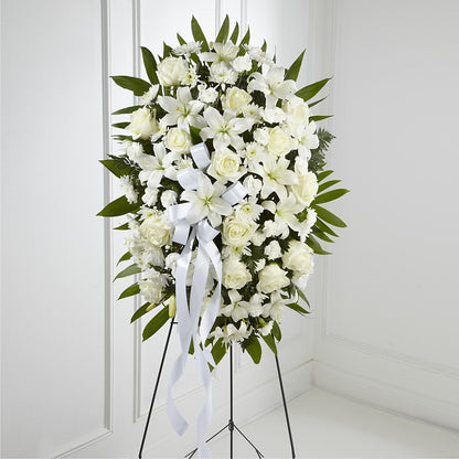 Exquisite Tribute Standing Spray-White Ribbon – SIXTO'S FLOWER SHOP, Union City NJ