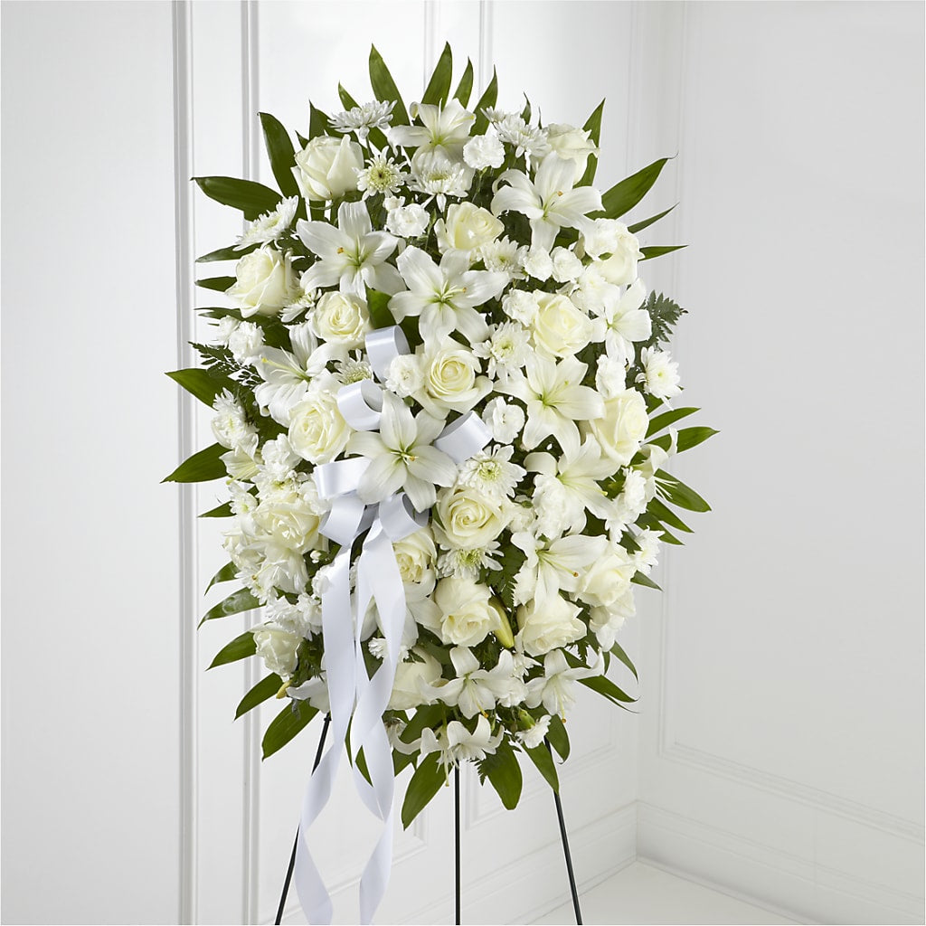 Exquisite Tribute Standing Spray-White Ribbon – SIXTO'S FLOWER SHOP, Union City NJ