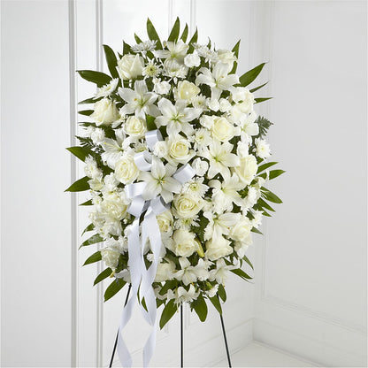 Exquisite Tribute Standing Spray-White Ribbon – SIXTO'S FLOWER SHOP, Union City NJ