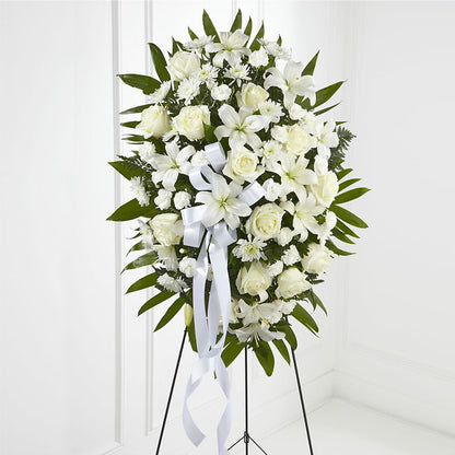 Exquisite Tribute Standing Spray-White Ribbon – SIXTO'S FLOWER SHOP, Union City NJ