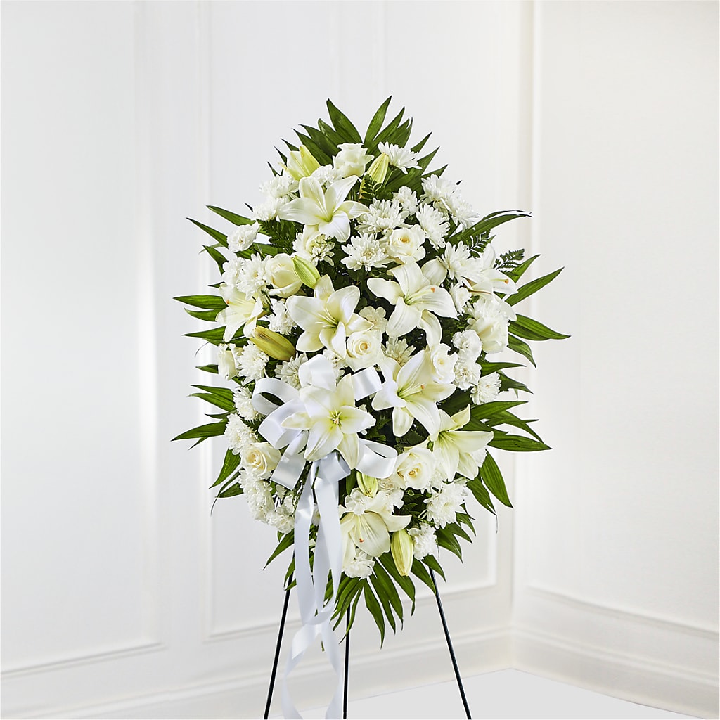 Exquisite Tribute Standing Spray-White Ribbon – SIXTO'S FLOWER SHOP, Union City NJ