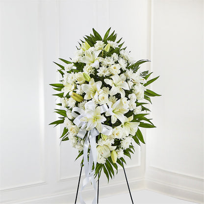Exquisite Tribute Standing Spray-White Ribbon – SIXTO'S FLOWER SHOP, Union City NJ