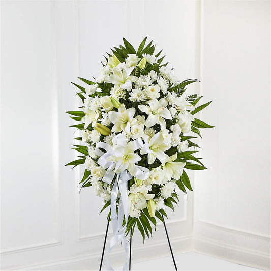 Exquisite Tribute Standing Spray-White Ribbon – SIXTO'S FLOWER SHOP, Union City NJ